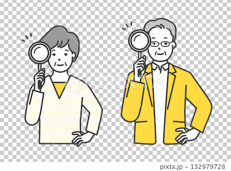 Illustration material of senior men and women holding magnifying glasses 132979728