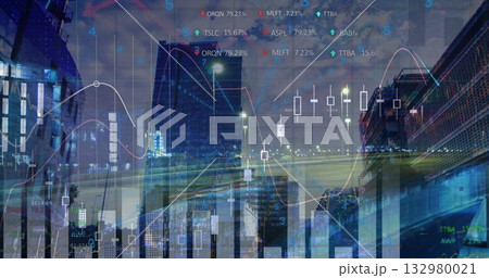 Showing glass skyscrapers projecting glowing charts across night cityscape, with candlestick data Showing glass skyscrapers projecting glowing charts across night cityscape, with candlestick data 132980021