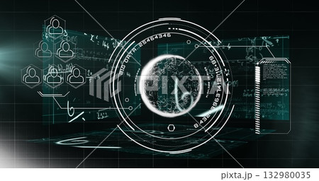 Displaying glowing 3D globe rotating in grid, with HUD rings, readouts, icons, code panel, formulas 132980035