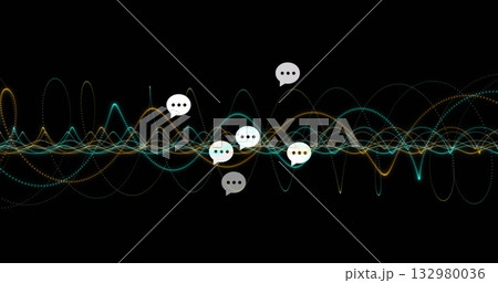 Displaying teal yellow white waveforms oscillating in dark digital space with speech bubble icons 132980036
