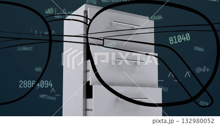 Standing filing cabinet drawers ajar in cyberspace, black eyeglass frames, cables and data streams Standing filing cabinet drawers ajar in cyberspace, black eyeglass frames, cables and data streams 132980052