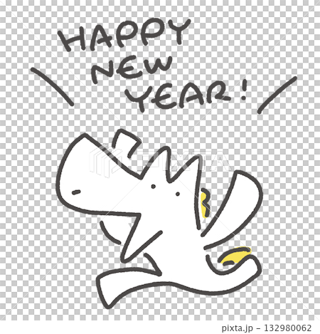 一匹奔騰的白馬慶祝新年。手寫「新年快樂」。 132980062