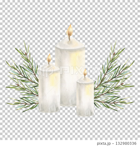 White candles and evergreen spruce branches watercolor Christmas festive composition. Hand drawn New year and winter season clipart for traditional greeting card,pooster,packing design White candles and evergreen spruce branches watercolor Christmas festive composition. Hand drawn New year and winter season clipart for traditional greeting card,pooster,packing design 132980336