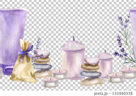 Spa wellness lavender seamless banner with cream tube, herb fabric sachet,candles and field violet flowers watercolor illustration.Aromatic set clipart for skin and body care, cosmetics packing design 132980338