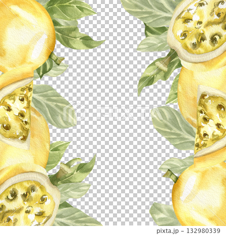 Fresh yellow tropical passion fruits watercolor banner template. Summer ripe with green leaves frame for product packing, fresh market poster design. Colorful vegan food clipart, cocktail ingredient Fresh yellow tropical passion fruits watercolor banner template. Summer ripe with green leaves frame for product packing, fresh market poster design. Colorful vegan food clipart, cocktail ingredient 132980339