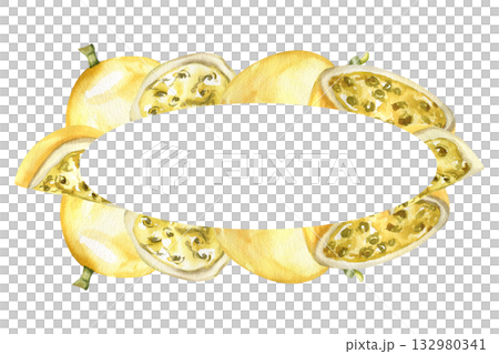 Tropical fruits banner template with yellow passion fruits, slices and pieces watercolor illustration. Hand drawn exotic vegan food clipart, summer fresh and drink ingredient painting for menu design 132980341