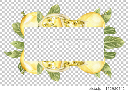 Tropical fruits and leaves watercolor banner with yellow passion fruit ripe,slices and green leaves illustration. Hand drawn exotic juicy vegan food frame, summer fresh and cocktail ingredient 132980342