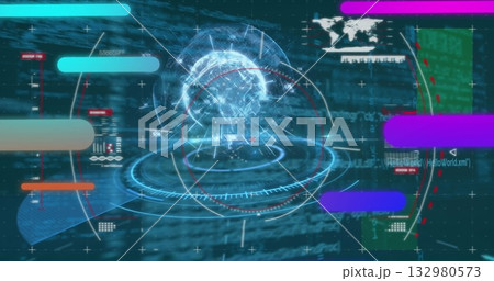 Wireframe globe rotating in control panel, with holographic rings and floating colored bars 132980573