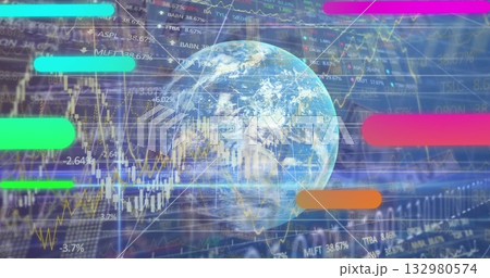 Displaying globe overlaying market data on trading interface, with candlestick charts and tickers 132980574