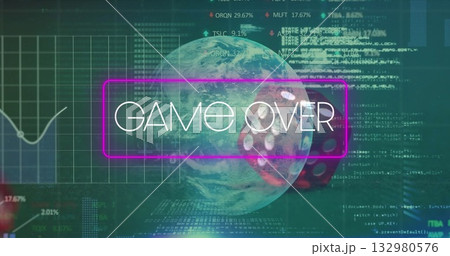 White GAME OVER text floating in futuristic virtual interface, with globe and dice sphere White GAME OVER text floating in futuristic virtual interface, with globe and dice sphere 132980576