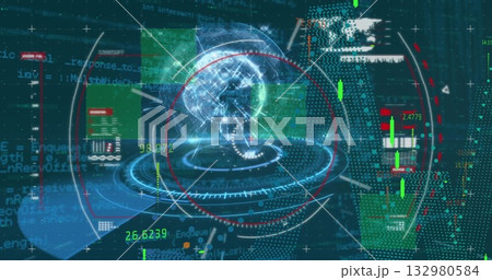 Displaying holographic globe projection rotating in digital interface, with HUD rings, data panels 132980584