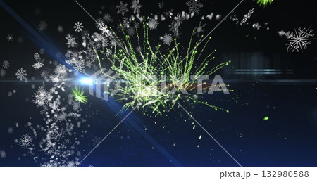 Radiating green sparks in winter abstract background, with white snowflake patterns, blue flare 132980588
