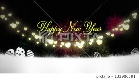 Gold Happy New Year text shining in snowy nighttime scene, with fireworks and heart-shaped lights Gold Happy New Year text shining in snowy nighttime scene, with fireworks and heart-shaped lights 132980591