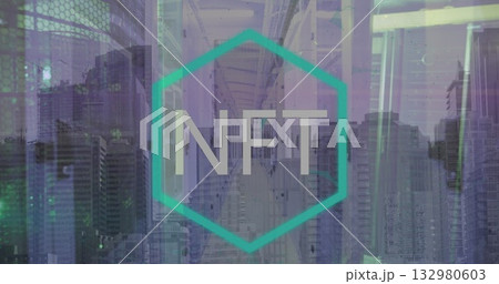 Displaying teal hexagon enclosing NFT text in corridor and skyline blend, with code patterns 132980603