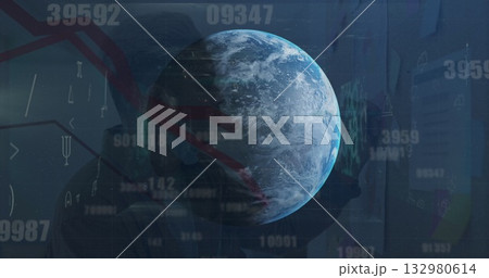 Rotating 3D Earth globe floating in virtual dashboard, numeric overlays, chart lines, code symbols Rotating 3D Earth globe floating in virtual dashboard, numeric overlays, chart lines, code symbols 132980614