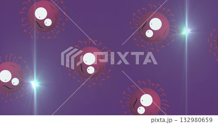 Viral particle floating in purple backdrop, with red spikes white eyes frown lines lens flares 132980659
