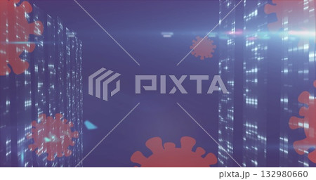 Pulsating red coronavirus icons drifting in futuristic digital skyline, with glowing grid facades 132980660