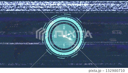 Displaying futuristic circular clock interface on glitchy static background, with rotating hands 132980710