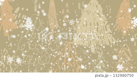 Forming stylized pine silhouettes floating over abstract winter scene, with white snowflake motifs Forming stylized pine silhouettes floating over abstract winter scene, with white snowflake motifs 132980750