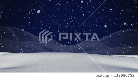 Snow-covered landscape spreading across nighttime field, with rolling hills and falling snowflakes 132980752