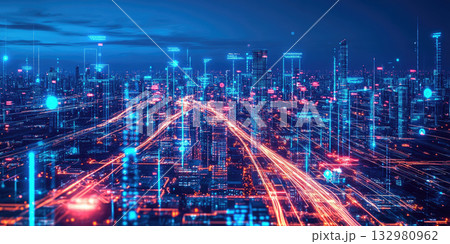 Futuristic AI-Driven Cityscape with Glowing Holograms, Neon Signs, Cyberpunk Aesthetic, High-Tech Urban Glow 132980962