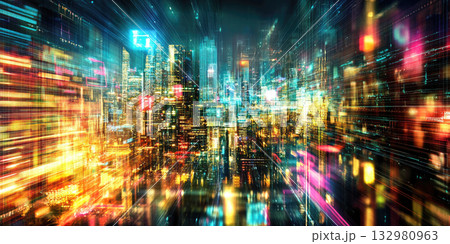 Futuristic AI-Driven Cityscape with Glowing Holograms, Neon Signs, Cyberpunk Aesthetic, High-Tech Urban Glow 132980963