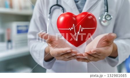 Doctor holding a red heart with a heartbeat symbol in hands while wearing a stethoscope in a clinical environment Doctor holding a red heart with a heartbeat symbol in hands while wearing a stethoscope in a clinical environment 132981085