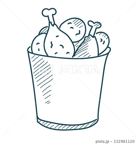 Fried drumsticks in a bucket doodle icon Fried drumsticks in a bucket doodle icon 132981120