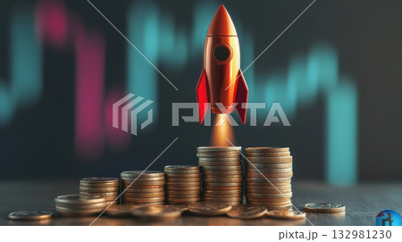 Increasing investments depicted by a rocket launching above a stack of coins in a digital financial setting Increasing investments depicted by a rocket launching above a stack of coins in a digital financial setting 132981230