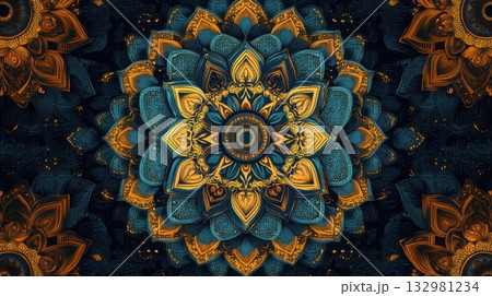 Intricate mandala design with blue and gold hues showcasing intricate patterns Intricate mandala design with blue and gold hues showcasing intricate patterns 132981234