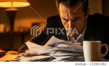 Stressed businessman dealing with a mountain of paperwork in a dimly lit office at night 132981362