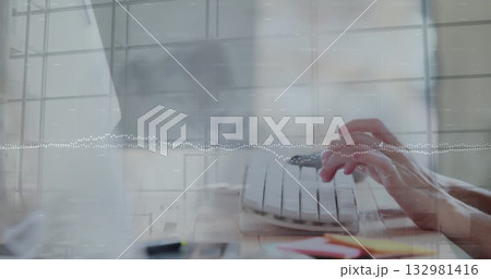 Typing hands tapping on white keyboard on office desk, with pens sticky notes window grid overlay Typing hands tapping on white keyboard on office desk, with pens sticky notes window grid overlay 132981416