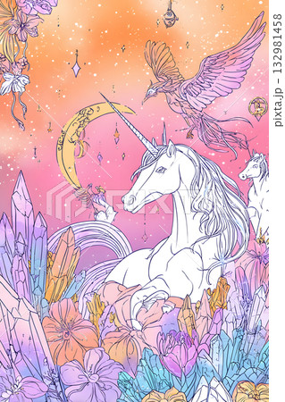 ユニコーンとクリスタルが輝く幻想的なファンタジーイラスト 132981458
