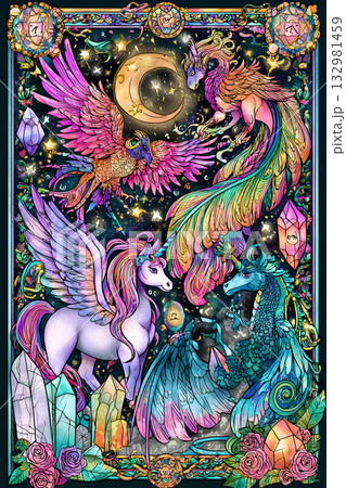 ユニコーンとクリスタルが輝く幻想的なファンタジーイラストのイラスト