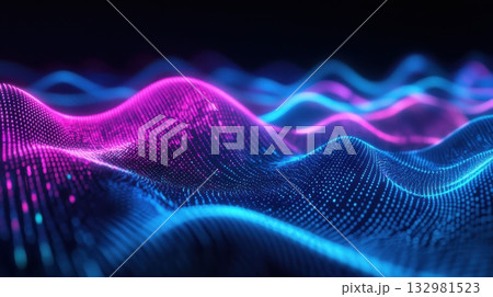 Colorful abstract digital waves representing sound frequencies during a nighttime event in a high-tech venue 132981523