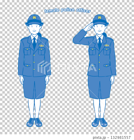 Female police officer standing and saluting pose 2C Female police officer standing and saluting pose 2C 132981557