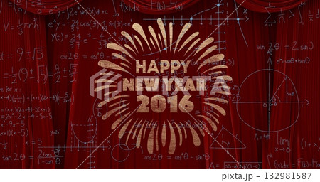 Radiating golden burst featuring HAPPY NEW YEAR 2016 on velvet backdrop with chalk formulas, graphs Radiating golden burst featuring HAPPY NEW YEAR 2016 on velvet backdrop with chalk formulas, graphs 132981587