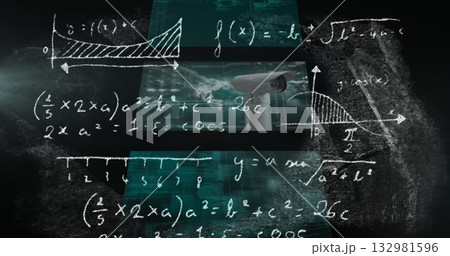 Featuring white surveillance camera scanning chalkboard with teal bars, equations and seascape view 132981596