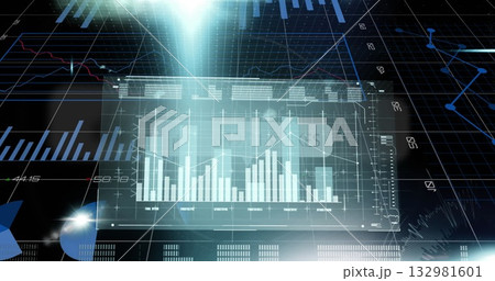Displaying holographic data panel floating in digital space, with vertical bar chart and light beam Displaying holographic data panel floating in digital space, with vertical bar chart and light beam 132981601