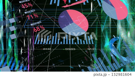Displaying pie chart splitting magenta segments on dark grid, with neon pillars and percent labels 132981604