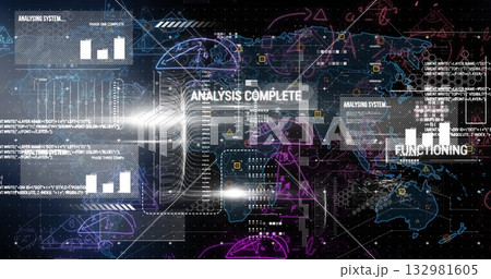 Displaying interface projecting world map with cascading data streams on futuristic control console 132981605