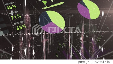 Two 3D pie charts floating in analytics dashboard, with percentage labels and dotted trend line Two 3D pie charts floating in analytics dashboard, with percentage labels and dotted trend line 132981610