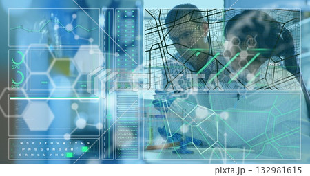 Analyzing holograms, researchers wearing lab coats manipulating wireframe grid in lab, copy space Analyzing holograms, researchers wearing lab coats manipulating wireframe grid in lab, copy space 132981615