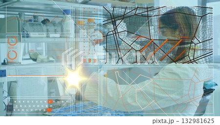 Operating Indian scientist in lab coat and gloves using pipette at lab bench, copy space Operating Indian scientist in lab coat and gloves using pipette at lab bench, copy space 132981625