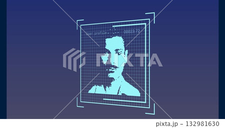 Floating holographic UI showing face in virtual space, with grid and labeling User profile 00023 132981630