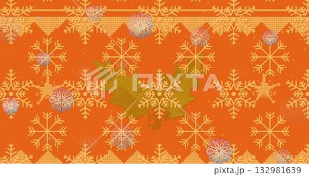 Decorating central cream snowflake with holly leaves on orange knit design, with holographic flakes Decorating central cream snowflake with holly leaves on orange knit design, with holographic flakes 132981639