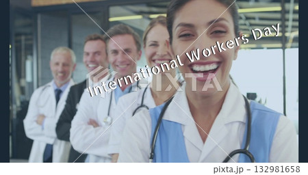 Smiling Hispanic nurse in scrubs guiding team down clinic hallway, with stethoscopes, copy space Smiling Hispanic nurse in scrubs guiding team down clinic hallway, with stethoscopes, copy space 132981658