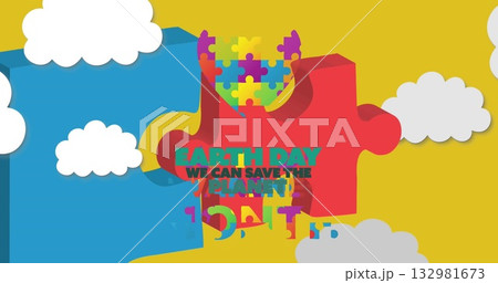 Showing colorful puzzle pieces and white clouds on yellow field, highlighting Earth Day slogan 132981673