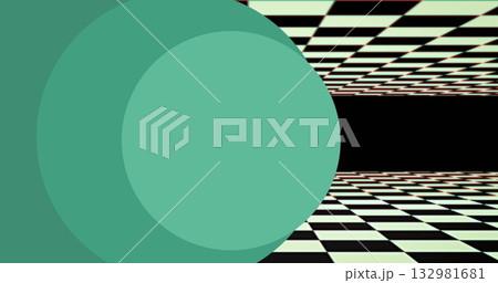 Floating mint green circle overlapping darker green shape at left side, with checkerboard corridor 132981681