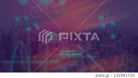 Showing purple red skyline in business district, with molecular icons, code and waveform overlays 132981710